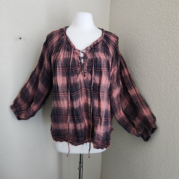 Free People Cloudbreaker Plaid Tunic Oversized Lace Up Pullover Small Balloon‎ - Picture 14 of 14
